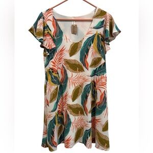 Urban Found NEW Mini Dress Small Tropical Leaf Print V Neck Short Sleeve‎